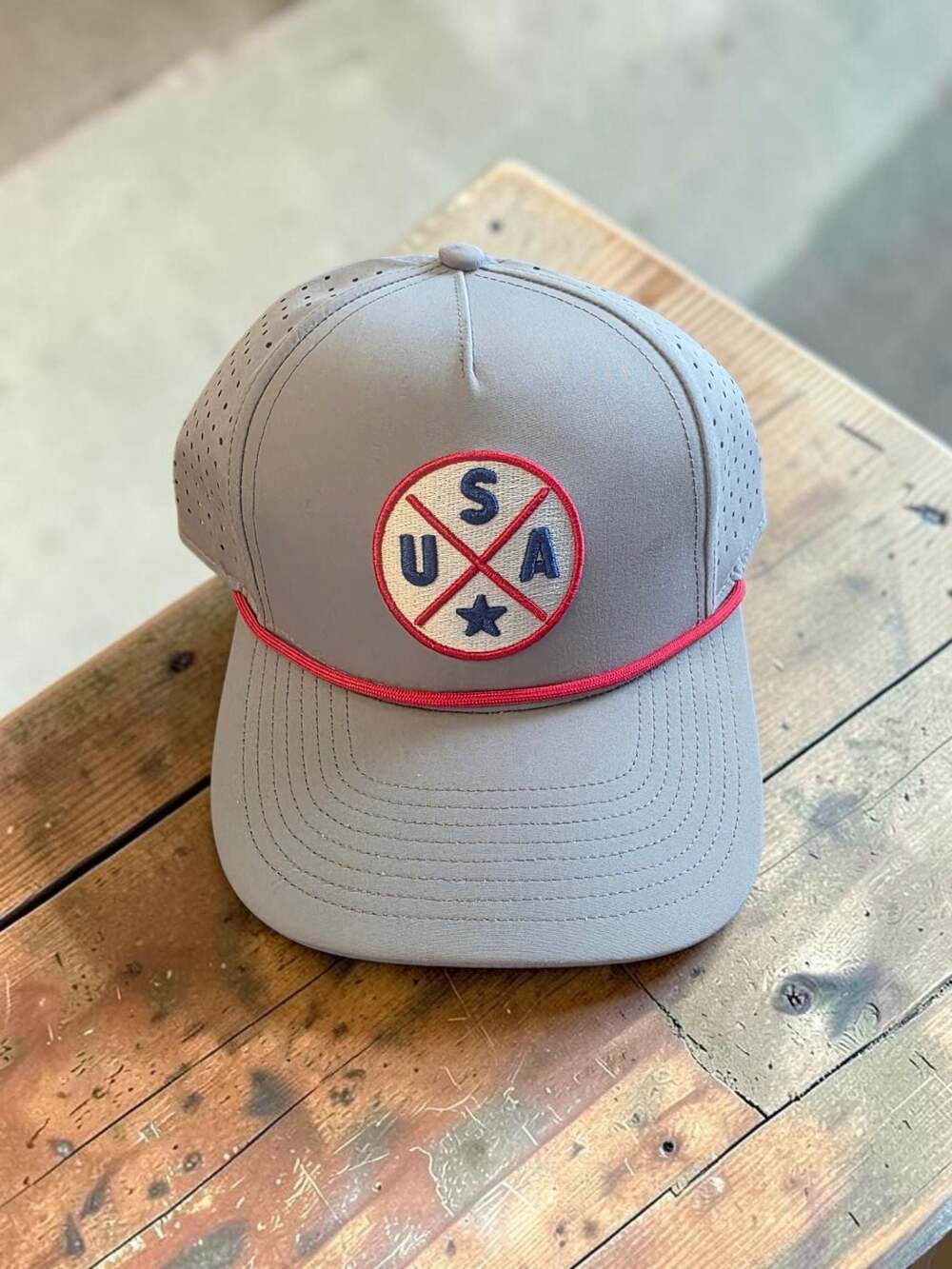 USA Performance 5-Panel Hat Gray Red Rope Snapback - Picture 2 of 3